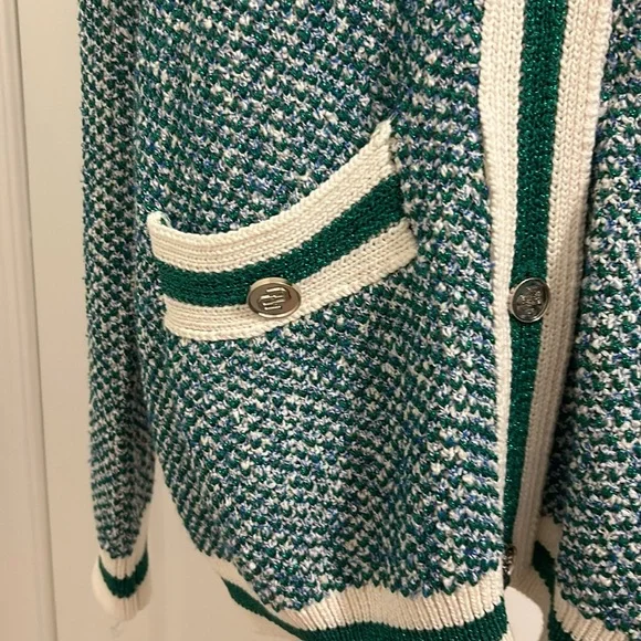 Maje Maitresse Green Lurex Metallic Threaded Cardigan Sweater Size 3, US Large - Picture 9 of 16